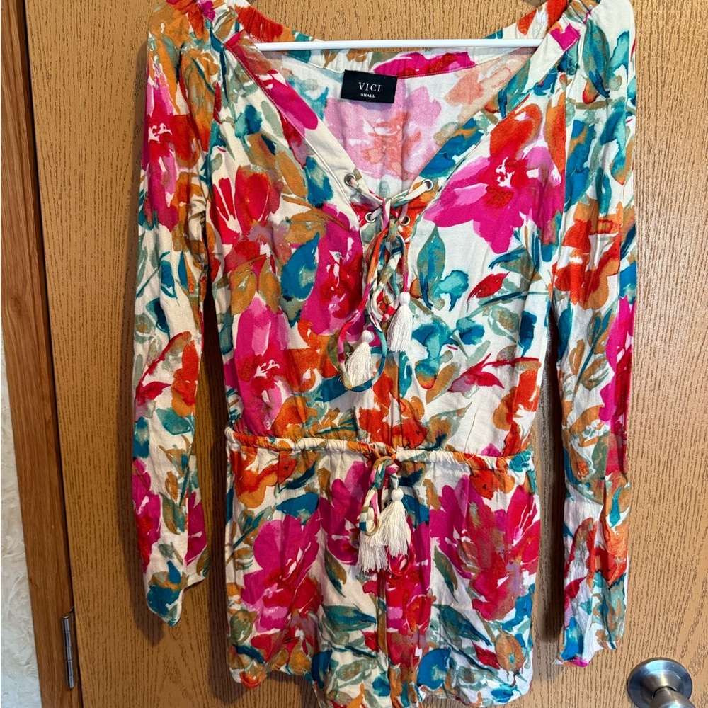 Vici Vibrant Floral Lace-Up Blouse - Pink, Orange, Cream